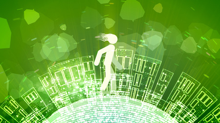 A childish 3d illustration of an abstract young man with streaming hair riding a skateboard in the khaki background. The land with high houses and bubbles moves under his wheels.の写真素材