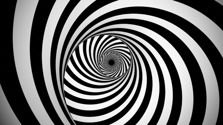 A psychedelic 3d illustration of an optical illusion created by black and white stripes rotating in a tunnel with spiraling effect. They create the mood of enigma and magic.の写真素材
