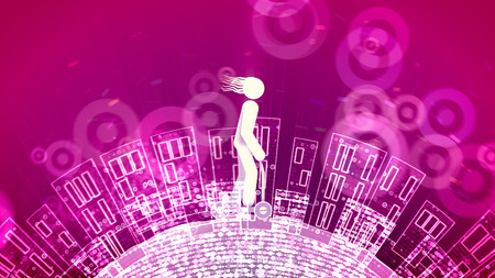 A jolly 3d illustration of an abstract young man riding a push scooter in the purple backdrop with see-through wheels. The Earth with high apartment blocks moves under him.の写真素材