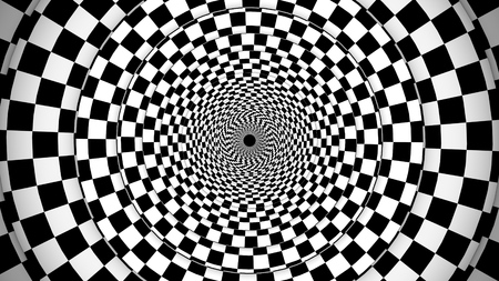 An optical art 3d illustration of a symmetrical illusion formed by black and white squares making a huge tunnel from chessboards creating the mystic and magic spirit.の写真素材