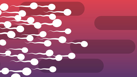 A funny 3d illustration of rushing white spermatozoids with waving tails covering the light violet and purple background with oval black tubes. All of them look full of enthusiasmの写真素材