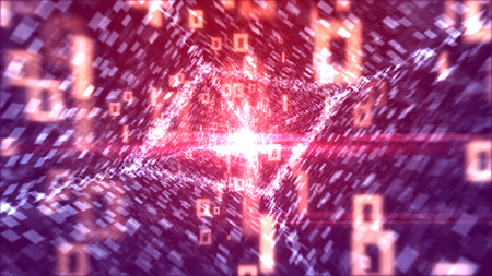 A striking 3d rendering of dashing white zeroes and ones going through a rhomboid portal looking like an all-seeing eye with lines of social media info in the violet background. の写真素材