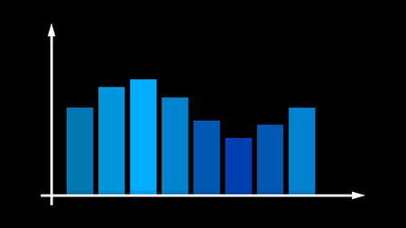 An impressive 3d rendering of a bar graph with blue and celeste columns fluctuating up and down between two axes with spiky arrows and indicating profit in the black backdrop.の写真素材