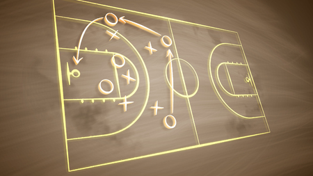 A striking 3d illustration of a basketball field placed askew and covered with crosses, zeroes and arrows. It shows how the team should play together to outwit the opponent players. の写真素材