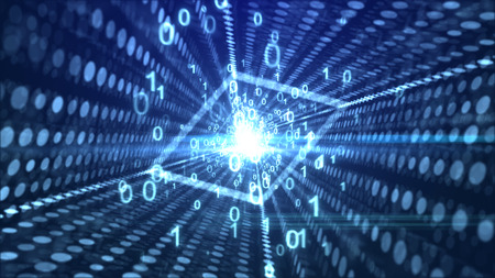 A sci-fi 3d rendering of whirling white zeroes and ones going through a rhomboid portal placed aslant with a plasma center and rows of glittering circular dots in the blue background. の写真素材