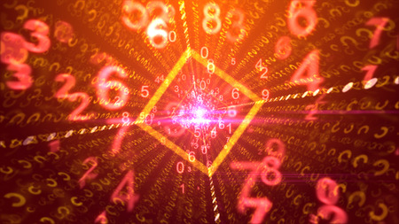 A joyful 3illustration of spinning pink and yellow numbers going through a square golden portal with glitzy plasma middle and cheerful media beams in the purple backdrop. の写真素材