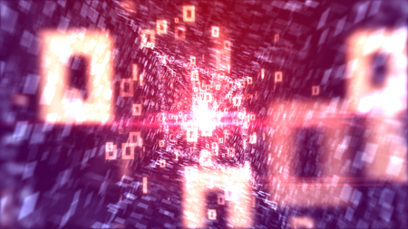 A volumetric 3d illustration of soaring white zeroes and ones going through a rhombus shaped pipeline put askew with stripes of shimmering spots in the violet background. の写真素材