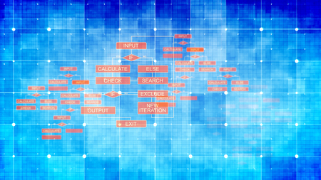A striking 3d rendering of pc algorithms on celeste and blue surfaces covered with square grids, sparkling spots, and connected diamond and rectangular red icons.の写真素材
