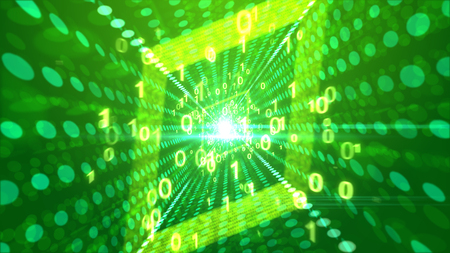 A jovial 3d rendering of entertaining golden zeroes and ones flying through a rhomboid portal looking like a laughing all-seeing media eye in the green backdrop with spotty lines. の写真素材