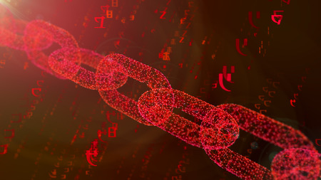 A wonderful 3d rendering of a heavy creeping diagonal red shackle defending the cyberspace against the spinning purple digits of a programmed matrix in the purple background.の写真素材