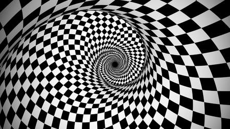 An opt art 3d illustration of an optical illusion created by black and white squares forming a huge spiral from chessboards generating the spirit of enchantment and supernatural.の写真素材