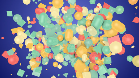 A festive 3d illustration of casual shape violet background from colorful balls, squares, pills, lozenges, pyramids, cubes, twirling and entertaining cheerfully around.の写真素材