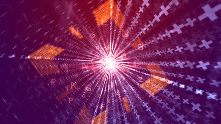 A graphic 3d illustration of glitzy orange letters going through an orange square tunnel with luminous straight lines of crosses and a plasma center in the violet background. の写真素材