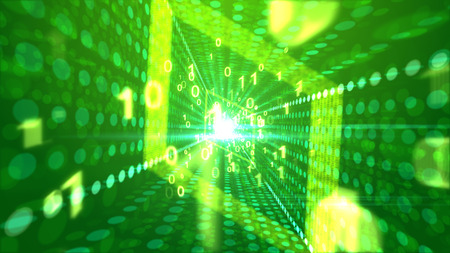A happy 3d illustration of hilarious golden zeroes and ones passing through a rhomboid portal in the light green backdrop with spotty lines of social media information の写真素材