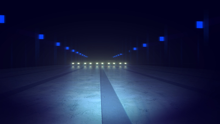 An impressive 3d rendering of blue neon lamps of an underground tunnel with a flat road in the blue and grey background. The square lanterns flash in a fantastic wayの写真素材