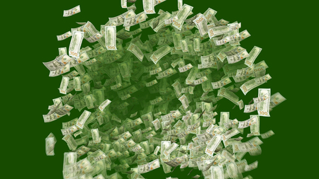 A cheerful 3d illustration of falling American dollars dancing and swirling in the dark green background. They make circles in a happy way and create the mood of joy.の写真素材