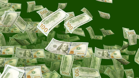 A hilarious 3d illustration of dancing Benjamin Franklin on one-hundred-dollar banknotes in the khaki background. The American dollars fly and entertain being happy and cheery.の写真素材