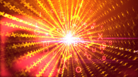 A striking 3d illustration of flying yellow letters with big A, O, and X, moving through a cubic portal with a sparkling center and media lines from crosses in the purple backdrop. の写真素材