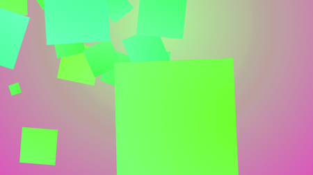 An amusing 3d illustration of flying big and small squares of salad, celeste and blue colors playing joyfully in light violet and white background. They look childish and funny.の写真素材