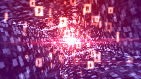 A multidimensional 3d illustration of rushing white zeroes and ones going through a rhomboid passageway put aslant with lines of shining squares in the dark violet background. の写真素材