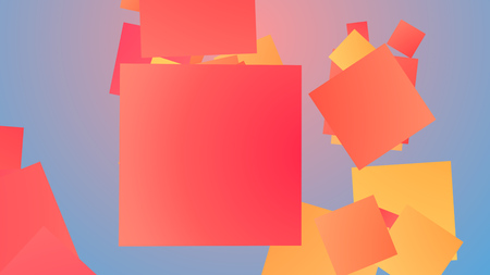 A funny 3d rendering of whirling big and small squares of red, brown and orange colors playing cheerfully in light blue and violet background. They look childish and full of life.の写真素材