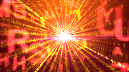 A stunning 3d rendering of soaring yellow letters with big S, U, and A, moving through a square portal with a shining center and lines from crosses and chains in the purple backdrop. の写真素材