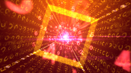 An enjoyable 3d  rendering of whirling pink and yellow digits passing through a square golden tunnel with sparkling plasma middle and jolly media beams in the purple backdrop. の写真素材