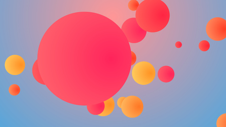 A joyful 3d illustration of whirling big and small balls of pink, red, orange colors entertaining happily in light rosy and blue background. They look funny and childishの写真素材