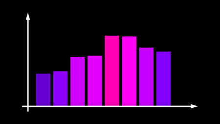 A wonderful 3d illustration of a business bar graph with pink and violet lines moving up and down in a system of coordinates in the black background. They show profit levels.の写真素材
