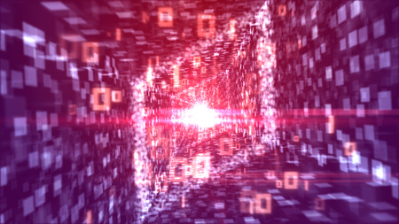 A gorgeous 3d illustration of rushing white zeroes and ones going through a rhomboid tunnel looking like a crystalline diamond with stripes of social info in the violet backdrop. の写真素材