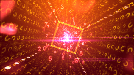 A hilarious 3drendering of dancing pink and yellow numbers passing through a square golden portal with shining center and optimistic media rays in the purple backdrop. の写真素材