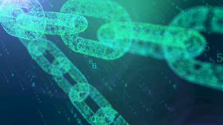 A stunning 3d illustration of a moving diagonally celeste chains protecting the cyberspace against the flying yellow digits of a programmed matrix in the blue background.の写真素材