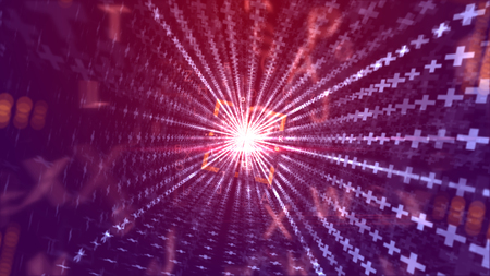 A geometrical 3d illustration of a time portal outlined with an orange square and straight stripes from white crosses leading to a sparkling golden center in the violet background. の写真素材