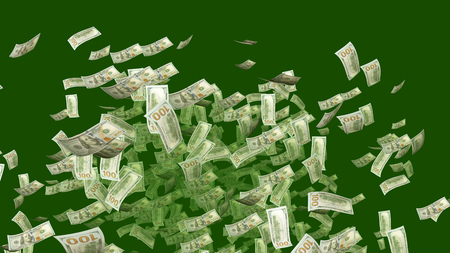 A jolly 3d illustration of dancing American one-hundred-dollar banknotes in the khaki background. They boogie and whirl in an optimistic and cheerful way.の写真素材