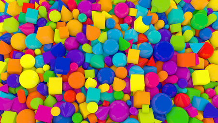 A jolly 3d illustration of different shape and color figures backdrop from bright big and small green, yellow, blue, orange and violet balls, cubes, pyramids, sticks and cones.の写真素材
