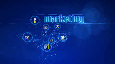 A cheerful 3d illustration of projects bringing marketing success. They look like connected circles in the blue backdrop. They are crypto currency, eco energy, and shopping.の写真素材
