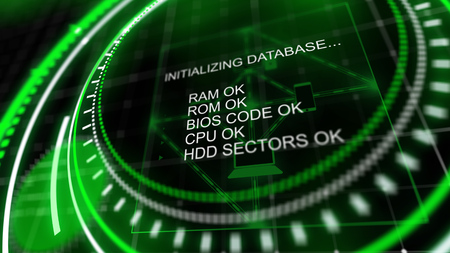 An arty 3d illustration of a head-up display covered with a grid and a chart checking rom and ram in the middle of bright green circles in the black background put askewの写真素材