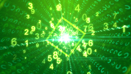 A breathtaking 3d illustration of streaming yellow numbers passing through a square pipe with plasma central point and lines of shimmering circles and spots in the green background. の写真素材