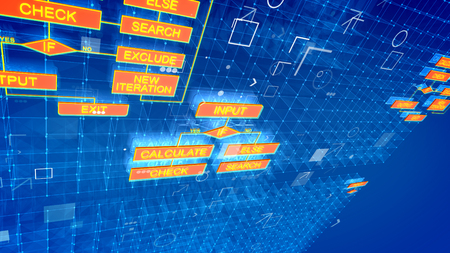 A fabulous 3drendering of electronic algorithms in the bright blue background with shining dots, white grates, connected rhombus and rectangular red buttons with golden commands.の写真素材