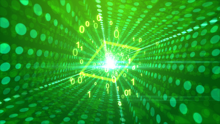 A jolly 3d rendering of dancing yellow zeroes and ones presenting an optimistic message going through a rhombus tunnel in the light green backdrop with sparkling spotty lines. の写真素材