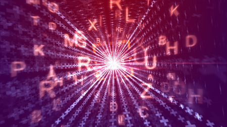 A striking 3d illustration of surging yellow digits moving in a square passage looking like a pc tunnel with stripes of crosses and a sunny middle in the violet backgroundの写真素材