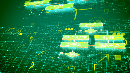 A multidimensional 3d rendering of cyberspace algorithms shining in the dark green background put aslant with yellowish tablets, lines, arrows, three dot signs and programming words. の写真素材