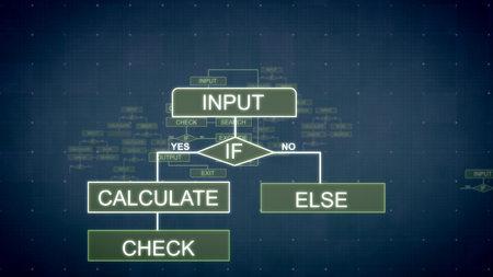 A graphic 3d illustration of computing algorithms appearing in the dark blue background with tablets, lines, such words as input and sparkling spots. All of them are interconnected.の写真素材
