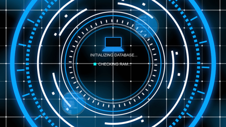 A high-tech 3d illustration of a computer display covered with a network checking database in the center of several spinning around bright blue circles in the black backdropの写真素材