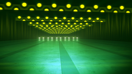 An impressive 3d rendering of yellow neon spotty lamps of an underground subway in the dark green background. The horizontal stripes of round spots shine in a bright wayの写真素材