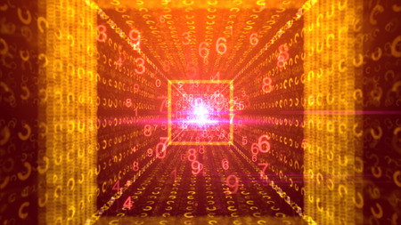 A cheery 3drendering of twirling golden numbers moving through a square yellow tunnel with plasma center and optimistic beams of social messages in the purple backdrop. の写真素材