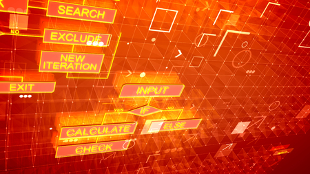 A luxury 3d illustration of electronic algorithms shimmering in the purple background with golden signs, networks, spots and shining icons interconnected with each other.の写真素材