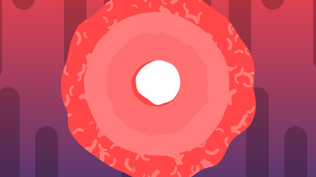 A cheerful 3d illustration of a white spermatozoid growing in the center of the big red egg cell in the violet and purple background with black tubes. It will turn into a child. の写真素材