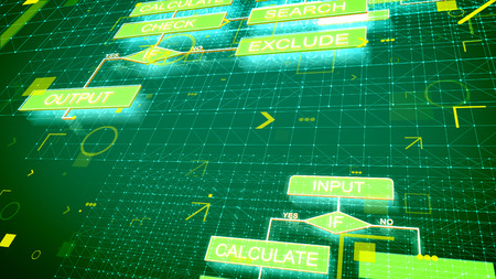A volumetric 3d illustration of electronic algorithms beaming in the dark green background put askew with tablets, lines, arrows, squares, spots and such words as output, input. の写真素材