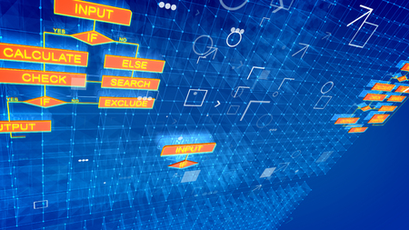 An arty 3d illustration of computer algorithms on several bright blue surfaces full of shining dots, cubic grids, connected rhombus and rectangular red icons with golden words.の写真素材